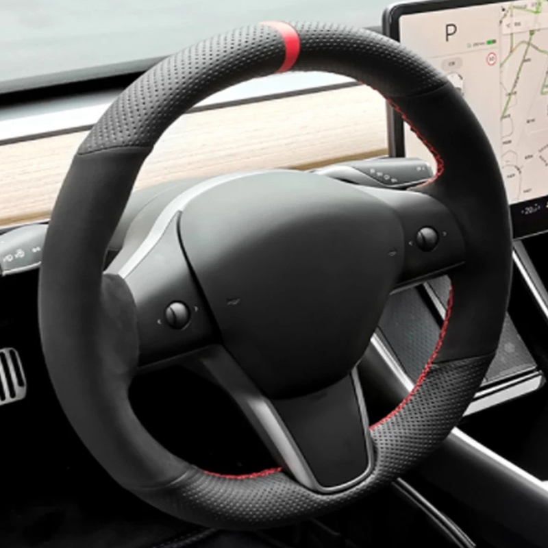 Car Steering Wheel Cover Anti Slip Breathable - Handgenähte Anti-Rutsch-Carbonfaser-Wildleder-Geflecht-Auto-Lenkradabdeckung für Tesla Model S